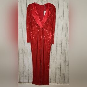 NWT D&M Red V-Neck Sequin Jumpsuit 0XL